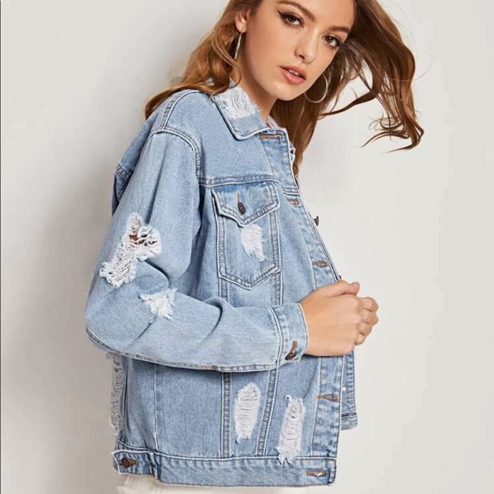 SHEIN distressed jean denim jacket size small